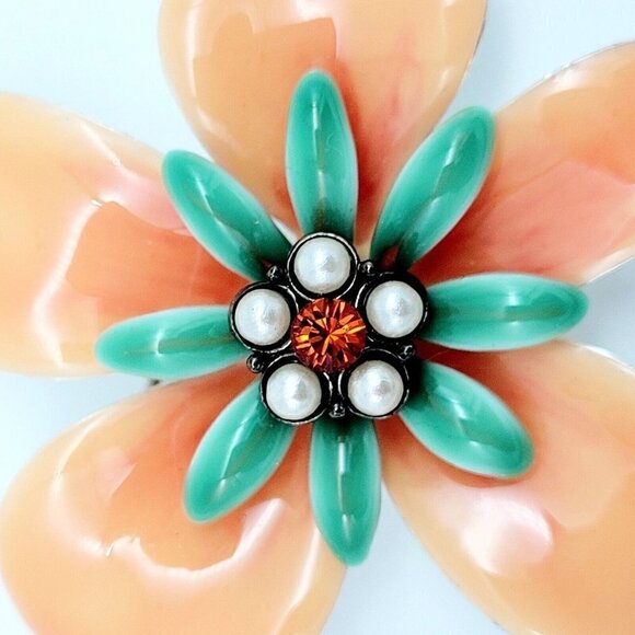Enameled Flower Brooch With Center Rhinestone Pearls Peach Orange Color Green - Picture 2 of 5